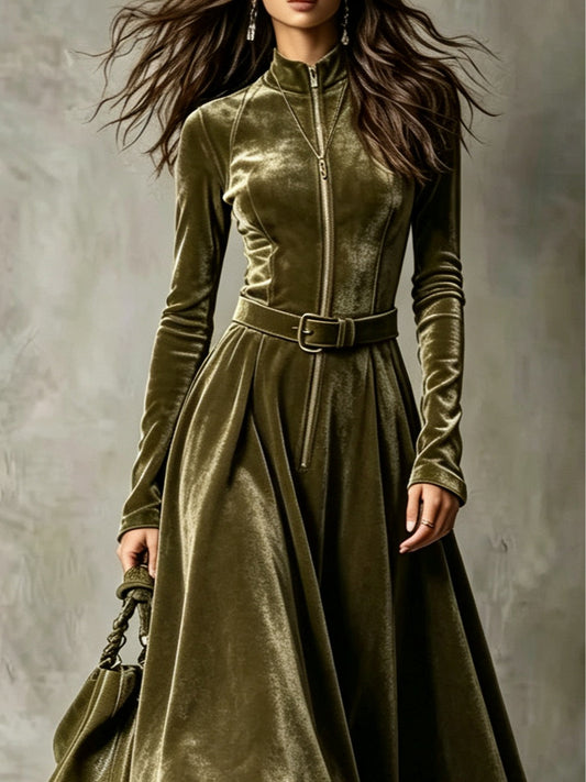 Apolline | Robe Longue Velours Vert Olive Zippée avec Ceinture