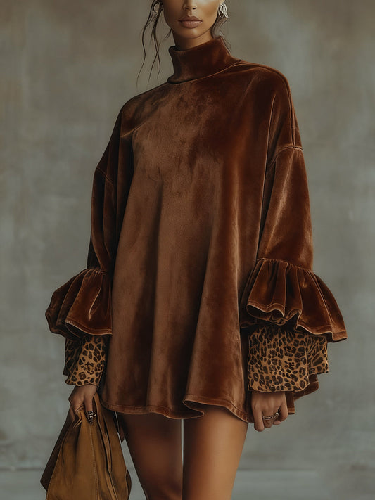 Roxane | Mini Robe Velours Manches à Volants et Poignets Léopard
