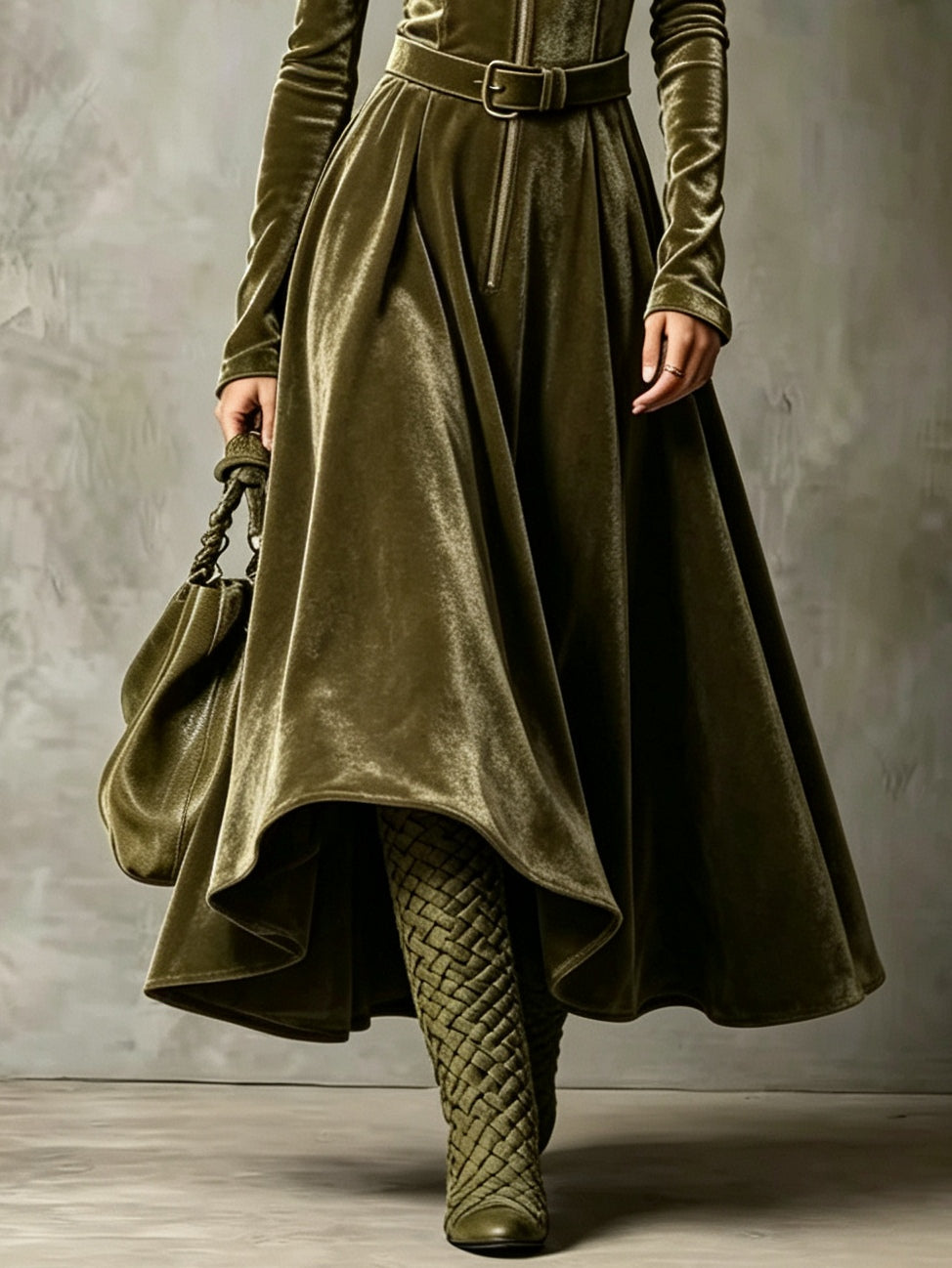 Apolline | Robe Longue Velours Vert Olive Zippée avec Ceinture