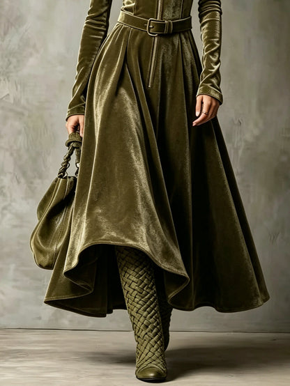 Apolline | Robe Longue Velours Vert Olive Zippée avec Ceinture