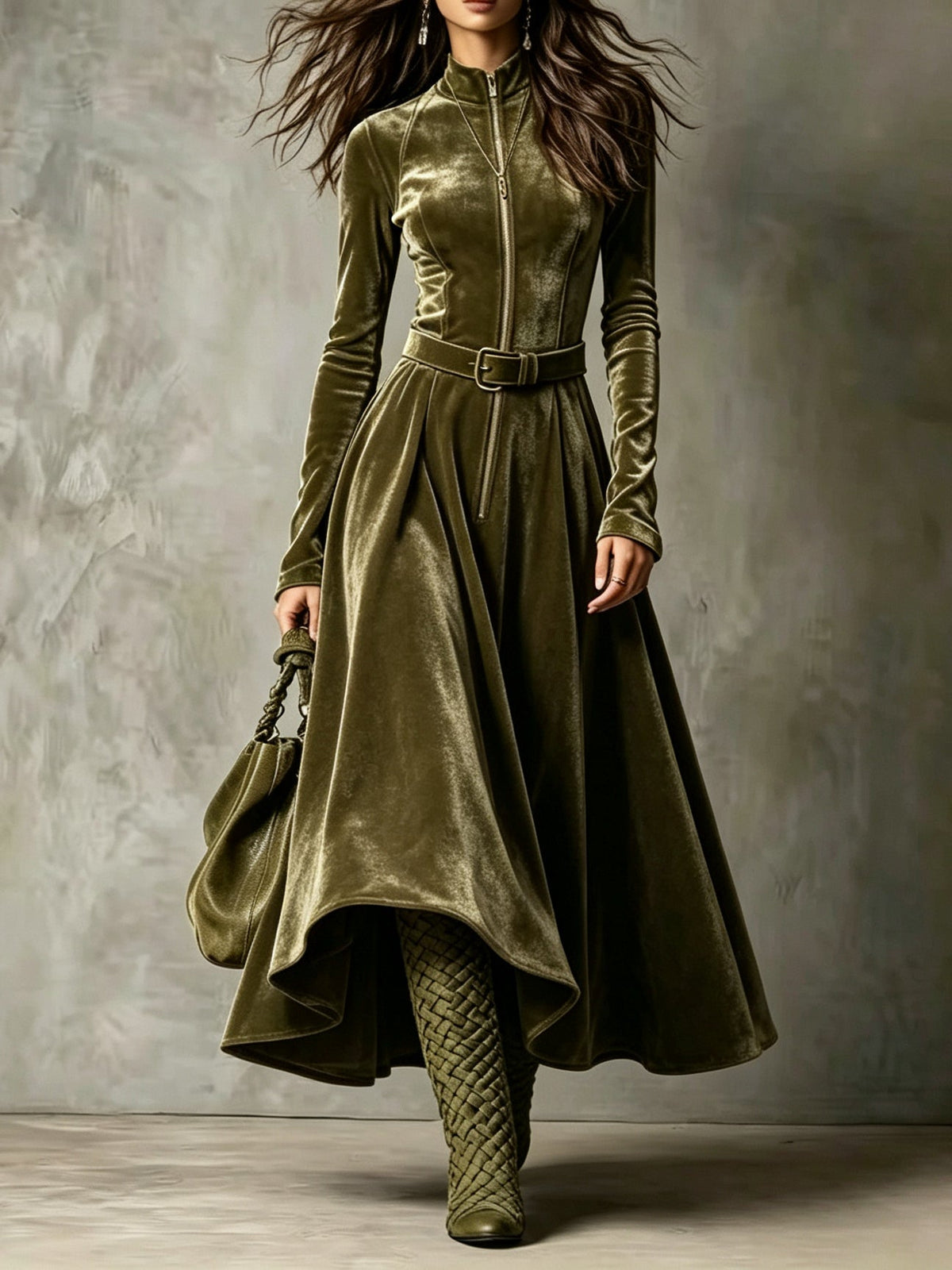 Apolline | Robe Longue Velours Vert Olive Zippée avec Ceinture