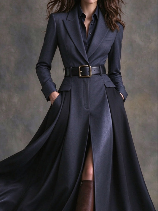 Camille | Robe Longue Bleu Marine Ceinturée à Revers Western