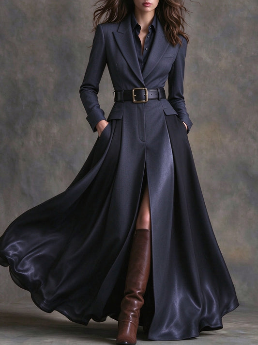 Camille | Robe Longue Bleu Marine Ceinturée à Revers Western
