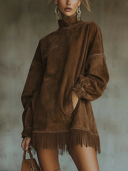 Clémence | Robe Col Roulé en Faux Daim à Franges
