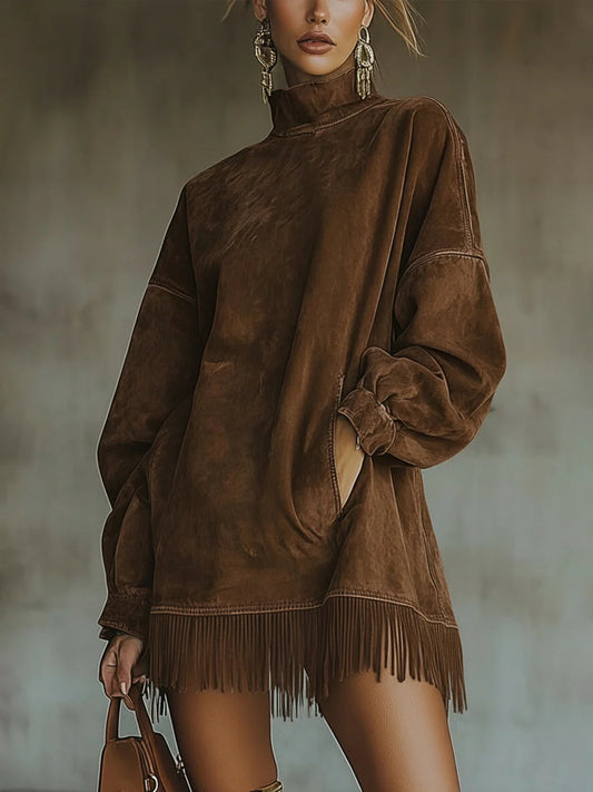 Clémence | Robe Col Roulé en Faux Daim à Franges