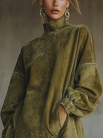 Clémence | Robe Col Roulé en Faux Daim à Franges