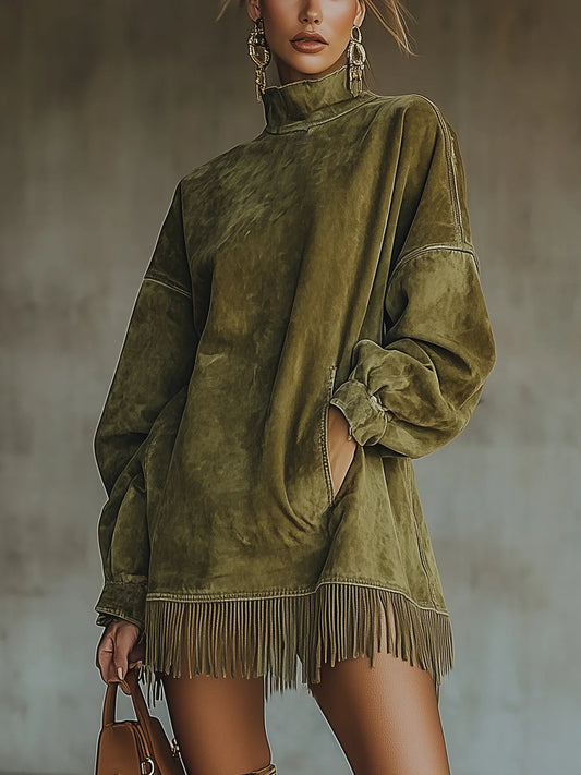 Clémence | Robe Col Roulé en Faux Daim à Franges