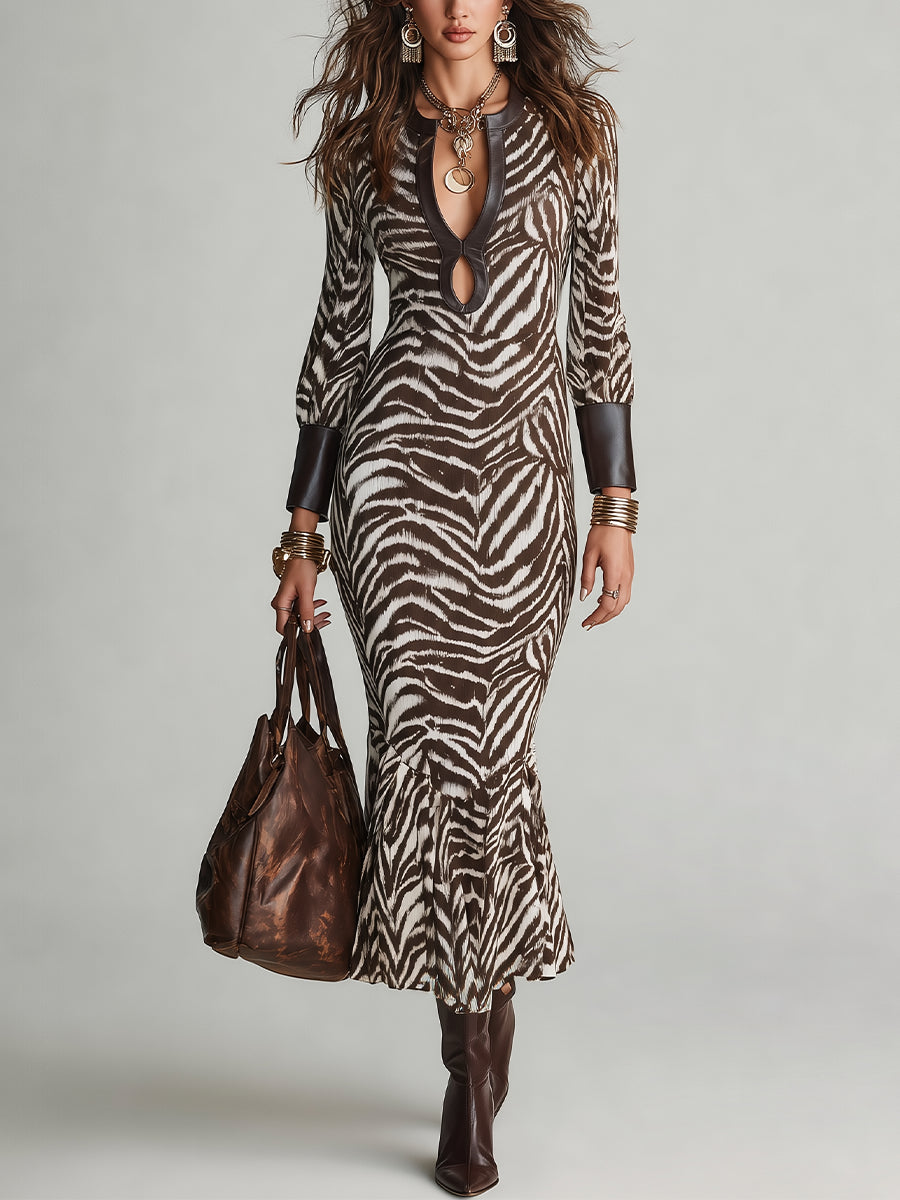Colette | Robe Zèbre Marron à Décolleté Goutte d'Eau