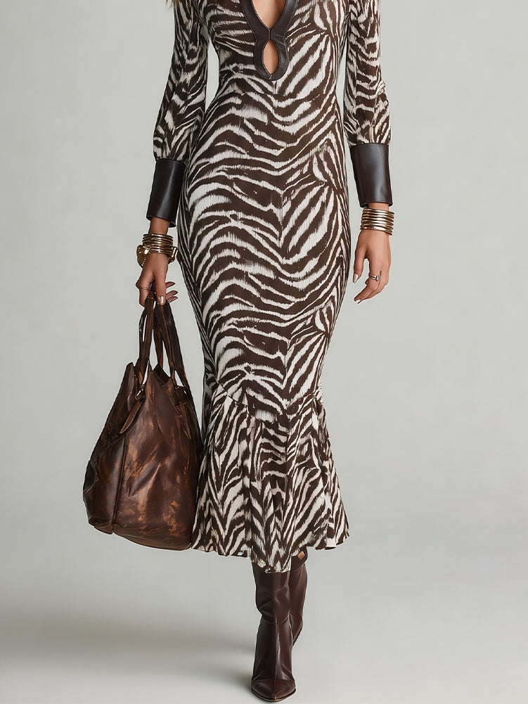Colette | Robe Zèbre Marron à Décolleté Goutte d'Eau