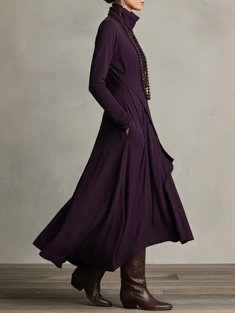 Océane | Robe Longue Plissée Asymétrique à Col Montant