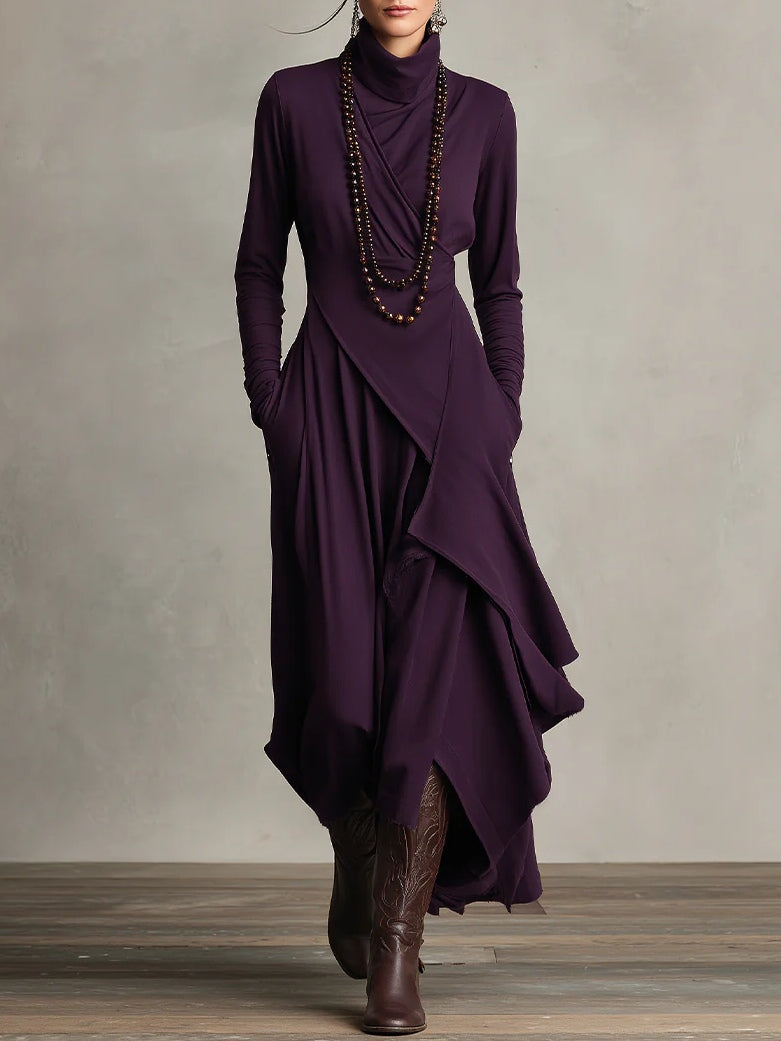 Océane | Robe Longue Plissée Asymétrique à Col Montant