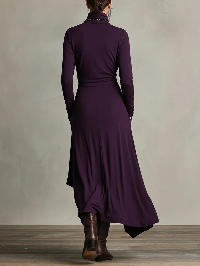 Océane | Robe Longue Plissée Asymétrique à Col Montant
