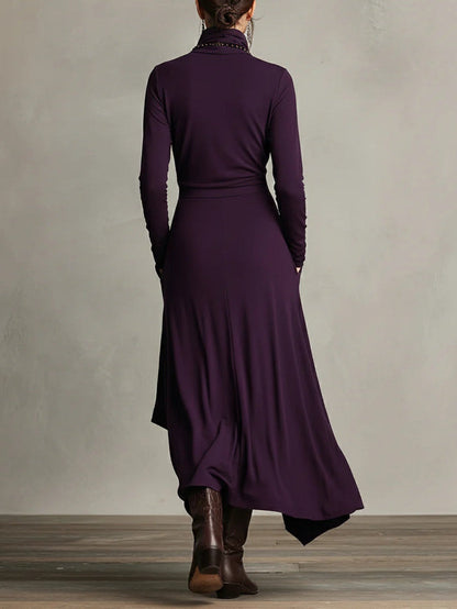 Océane | Robe Longue Plissée Asymétrique à Col Montant