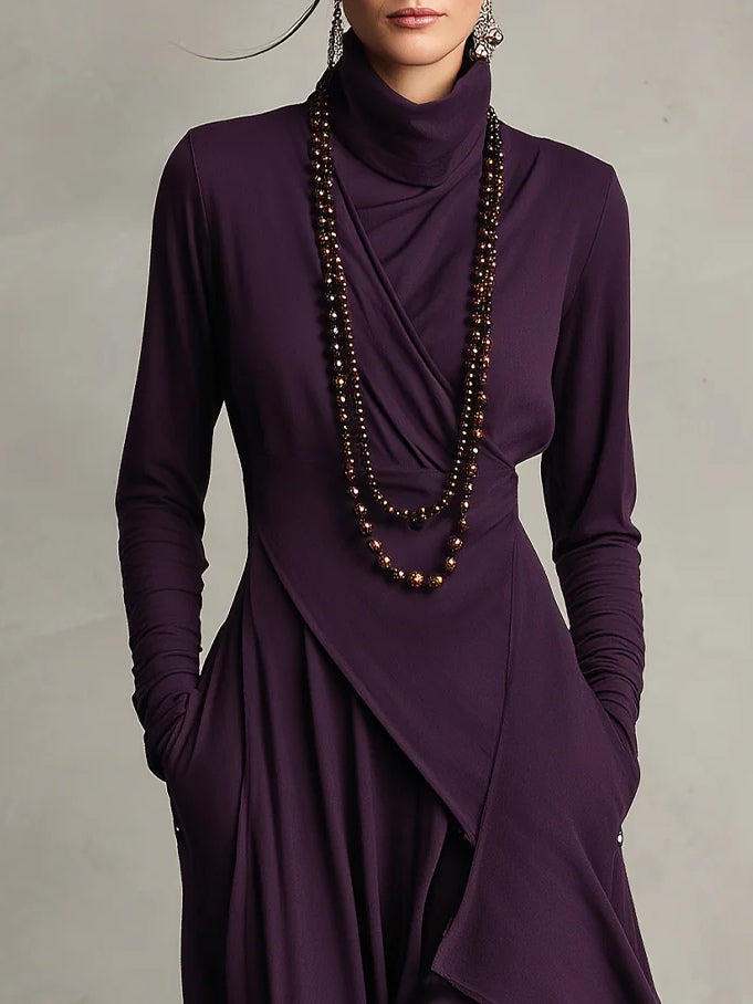 Océane | Robe Longue Plissée Asymétrique à Col Montant