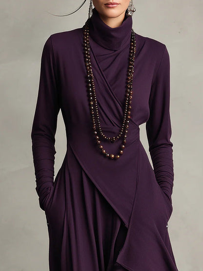 Océane | Robe Longue Plissée Asymétrique à Col Montant