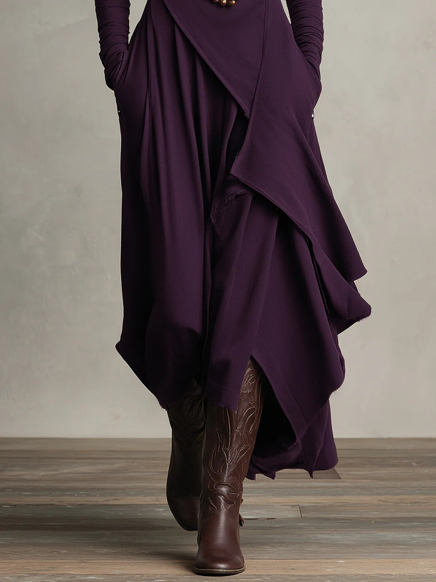 Océane | Robe Longue Plissée Asymétrique à Col Montant