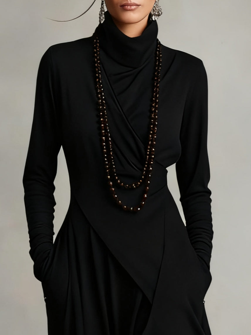 Océane | Robe Longue Plissée Asymétrique à Col Montant