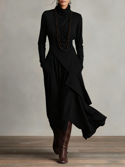 Océane | Robe Longue Plissée Asymétrique à Col Montant