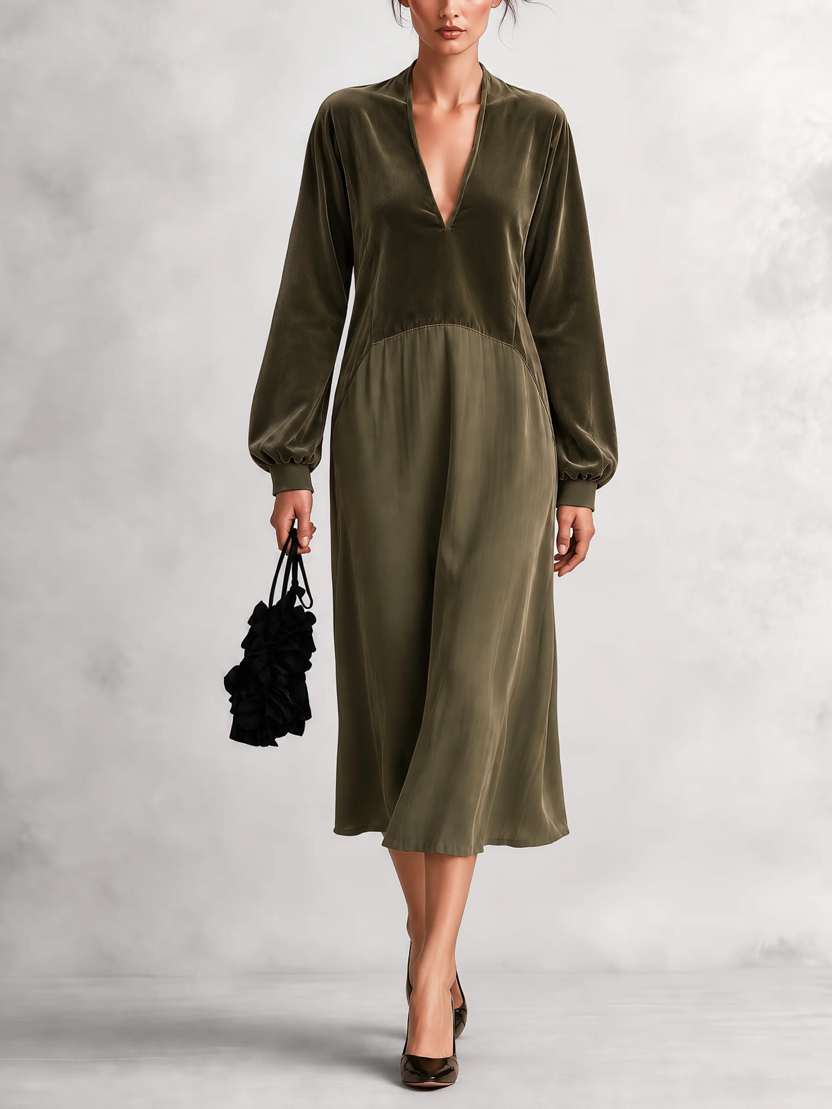 Manon | Robe midi à col V et manches bouffantes