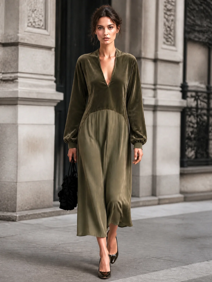 Manon | Robe midi à col V et manches bouffantes