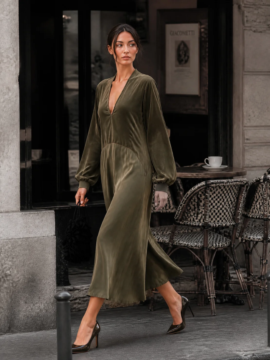 Manon | Robe midi à col V et manches bouffantes