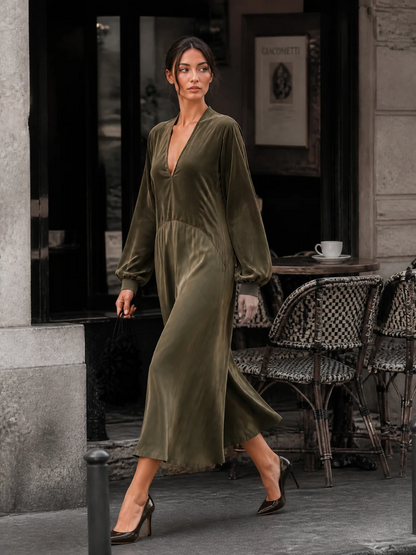 Manon | Robe midi à col V et manches bouffantes