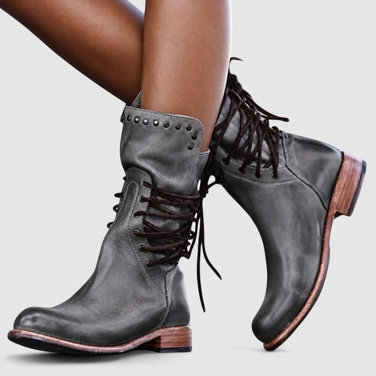 Martine | Bottes Vintage à Lacets et Détails Métalliques