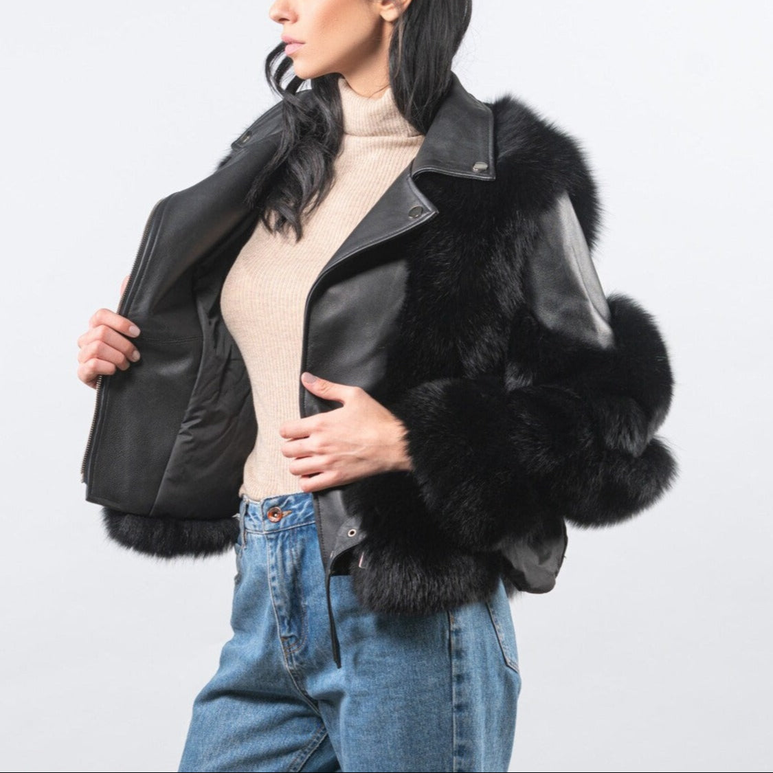 Thaïs | Veste Élégante Effet Cuir & Fourrure